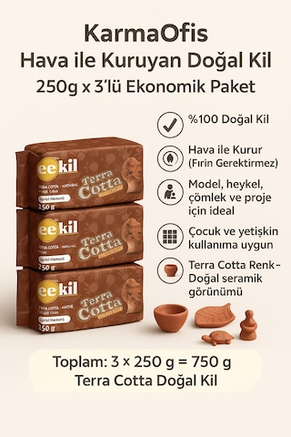 Terra Cotta Doğal Kil Hamuru 3x250gr Hava İle Kuruyan Seramik Hamur El Sanatları, Dekor, Modelleme 250x3