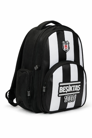Beşiktaş Lisanslı 3 Bölmeli Çubuklu Desen Okul Çantası - Rubber Logolu Su İtici Kumaşlı Sırt Çantası Siyah - Beyaz