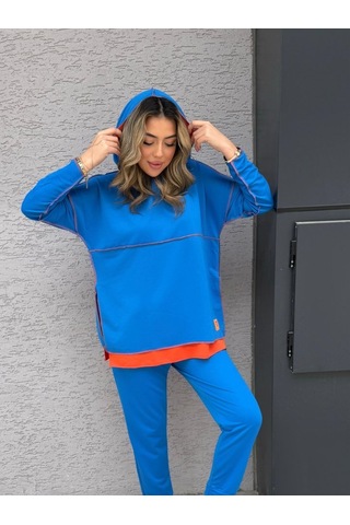 Modasize Kadın Indigo Kapşonlu Etek Ucu Detay Arma Ters Dikiş Gorunumlu Ikili Takım Mavi