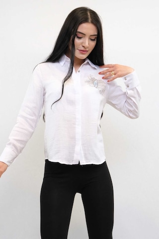 Sevgi Butik Moda Çizgi Taşlı Keten Gömlek Mc2301 Beyaz 001