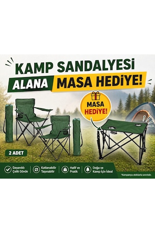 2 Adet Yeşil Katlanır Kamp Sandalyesi Taşıma Çantalı 1 Adet Katlanır Kamp Masası Taşıma Çantalı Hediyeli Koyu Yeşil