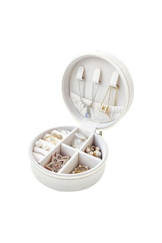 Chavin Beyaz Deri Seyahat Yüzük Küpe Kolye Takı Kutusu St1-68by