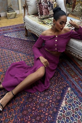 Madonna Yaka Derin Yırtmaç Etekli Şık Triko Takım 10099 Mürdüm