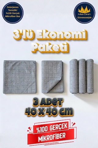 Miss Clean 3 Lü Paket Mikrofiber Temizlik Bezi 40x40 Cm Gri