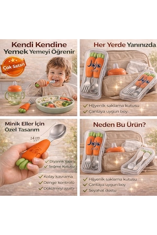 Jojobebek Kaşık Çatal Seti, Ergonomik Kısa Saplı Silikon, Paslanmaz Çelik Uçlu, Saklama Kutulu, (9-24 Ay) (HAVUÇ FİGÜRLÜ)