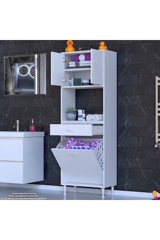 Eliusta Seris Sepetli Ve Çekmeceli Banyo Dolabı G:65 Cm Çok Amaçlı Beyaz Düzenleyici 65x173x32,5 Cm Dolap Beyaz