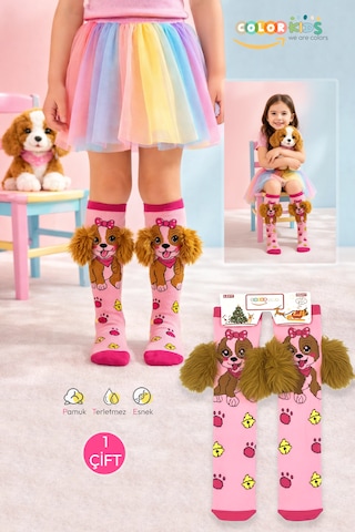 Color Socks 1 Çift Peluş Kulaklı Köpek Desenli Kız Çocuk Çorap Pembe