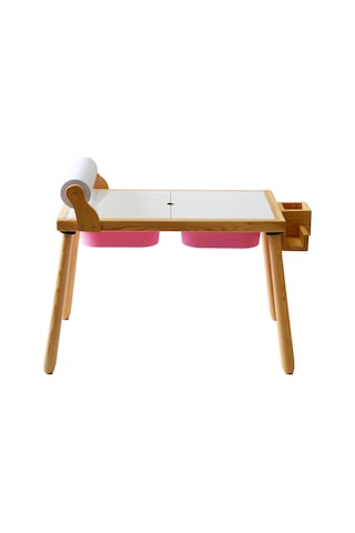 Woodnjoy Masif Ağaç Aktivite & Çalışma Masası Rulo Aparatlı + Kırtasiye İstasyonlu ve Kaplar - Pembe