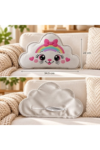 Bk Gift Sevimli Yüz Tasarımlı Gri Bulut Yastık-3 - Bebek Ve Çocuk Odası Dekoratif Yastık 34,5x22 Cm