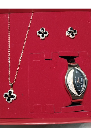 Hediyelik Kadın Oval Taşlı Saat Ve Kolye+küpe 4li Takı Seti, Rose Gold