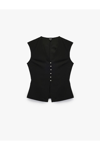 Koton Krep Scuba Kumaş Slim Fit Peplum Kesim Düğmeli V Yaka Yelek Siyah 6wak30113ek Siyah
