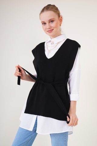 Bigdart 15760 Kuşaklı Triko Süveter - Siyah 001