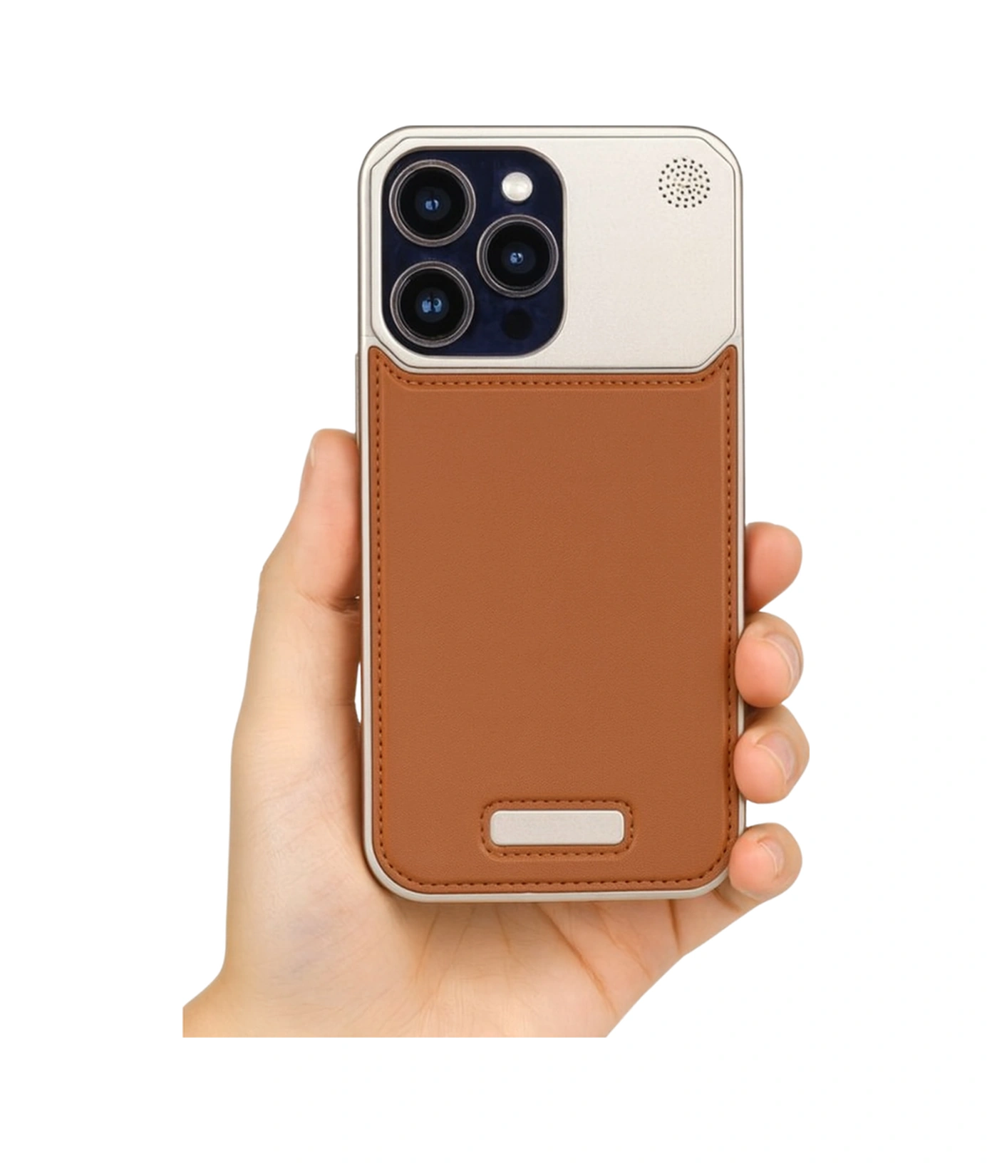 Therock 15 Pro Max Magsafe Özellikli Alüminyum Alaşımlı Hakiki Deri,kokulu Metal Kızaklı Telefon Kılıfı Açık Kahverengi