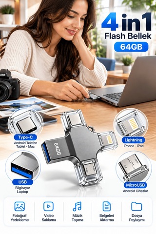 4 Farklı Bağlantı Noktasıyla Telefon Ve Bilgisayar Arasında Kolay Veri Aktarımı Sağlayan 64gb Flash Bellek Tkndy