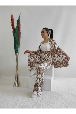 İpli Kahverengi Desenli Ikili Kimono Takım Rahat Kalıp Kahverengi