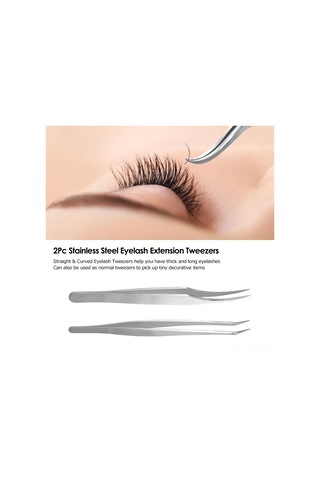 Teltree "2'li Paslanmaz Çelik Kirpik Uzatma Maşası Seti - Düz Ve Kavisli Uçlu, Taşıma Kutusu Hediyeli"