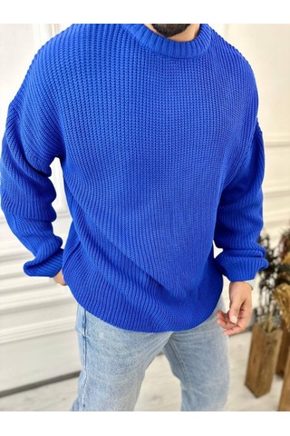 Elku Moda Kazak Oversize Çift Kat Örme Naturel Pamuk Bol Kesim Tüylenmeyen Salaş Triko Kazak Mavi