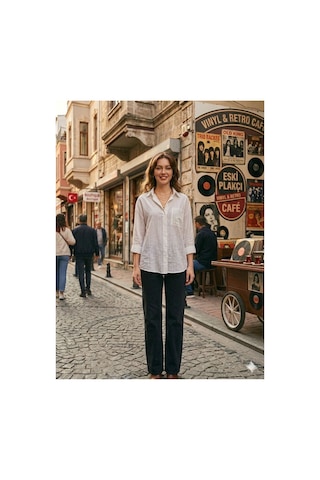 Zdnjeans Kadın Beyaz Rahat Kesim Keten Gömlek