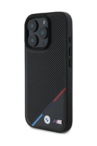 İphone Uyumlu 16 Pro Max Kılıf Bmw Lisanslı Magsafe Şarj Özellikli M Logolu Üç Çizgili Delikli Deri Siyah Siyah