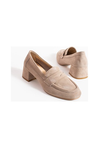 Dericia Shoes Shimmer Hakiki Deri Süet Kadın Kalın Topuklu Ayakkabı Bej