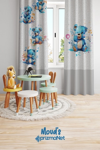 Mavi Ayıcık Desenli Baskılı Çocuk Ve Bebek Odası Fon Perdesi 2 Kanat - Prd-02 Çok Renkli
