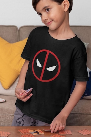 Sevbano Tasarım Deadpool Maske Baskılı Unisex Film Kahramanı Çocuk Tişört Siyah