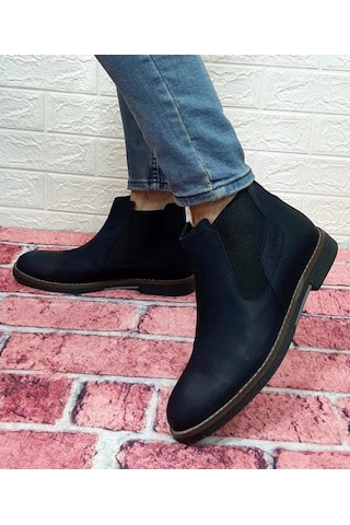 Voyager 3502 Lacivert Hakiki Deri Bilekte Lastikli Erkek Bot