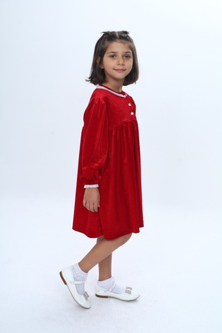 Toontoy Kız Çocuk Yaka Düğmeli Fırfırlı Elbise Kırmızı