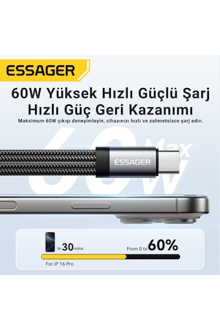 Essager 2in1 Type-c Adaptör 60w Hızlı Şarj + Type C Kulaklık Çıkışı, Hifi Ses Ve Hızlı Şarj Adaptörü Gri