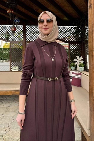 Rabia Şamlı Biricik Kemerli Triko Elbise Acı Kahve Normal