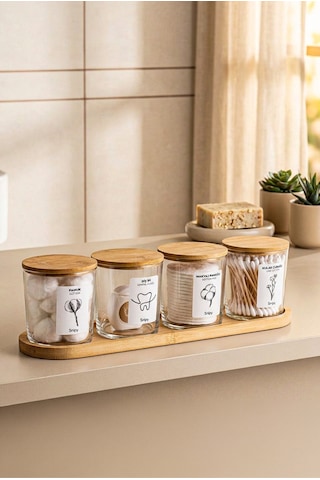 Bamio - Bambu Standlı Bambu Kapaklı Etiketli Banyo Düzenleyici Cam Banyo Seti Banyo Organizeri Açık Ahşap