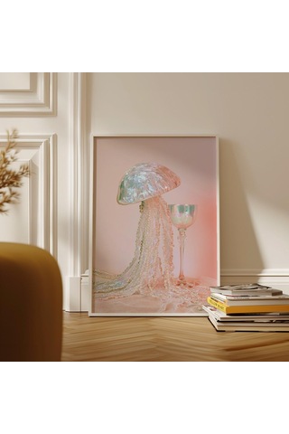 Işıltılı Denizanası Duvar Sanatı İnci Dokunaçları Posteri Pastel Pembe Dekor Okyanus Fantazisi Sanat Eseri Sürreal Estetik