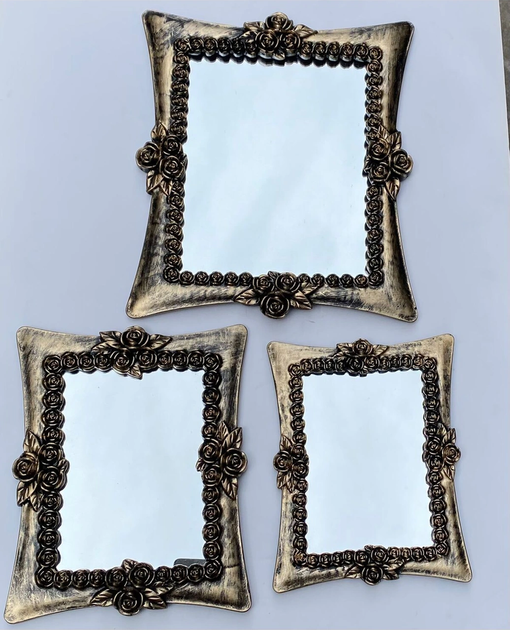 Dekoratif Polyester Üçlü Kare Ayna Takımı Gold Siyah Eskitme