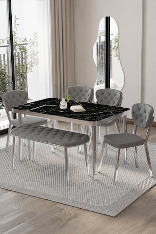 Akuamarin Mutfak Yemek Masası Takımı- 6 Kişilik Mutfak Masa Sandalye Takımı- Mutfak Masası Takımı Gümüş