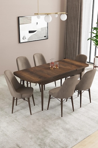 Familieconcept Almira Serisi, Barok Ahşap Desen 80x132 Açılabilir Mdf Mutfak Masası Takımı 6 Adet Sandalye Cappucino