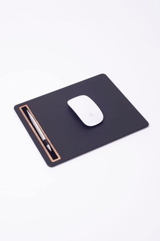Deri Mousepad Düz Siyah Ahşap Detaylı