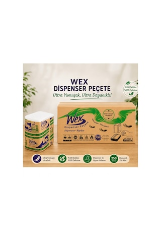 Wex Dispenser Peçete Çift Katlı %100 Selüloz 250 Yaprak X 18 Paket Masaüstü Dispenser Uyumlu