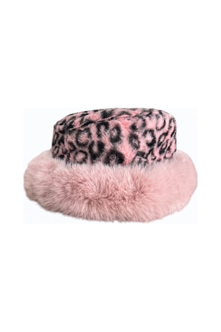 Me-vo Leopar Desenli Pembe Peluş Kürk Şapka, Yumuşak Faux Fur Kenarlı Pembe