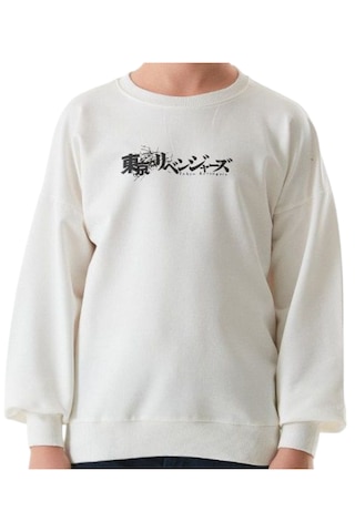 Erkek Çocuk Önü Arkası Anime Resim Yazı Desenli Beyaz Renk Sweatshirt Beyaz