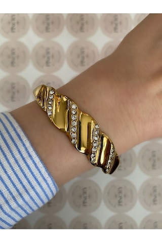 Pinery Jewels İri Taşlı Modern Paslanmaz Çelik Kelepçe Bileklik -günlük Ve Özel Altın