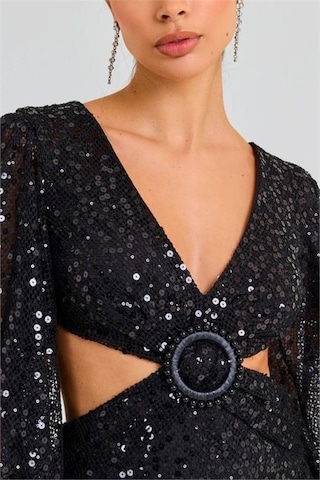 Kadın İthal Payet Kumaş Toka Detaylı Abiye Elbise Dpnbemp2584 Siyah