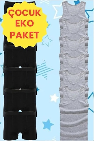 Mood Agenda Erkek Çocuk Pamuklu Penye 6 Atlet 6 Boxer Gri Siyah Gri - Siyah