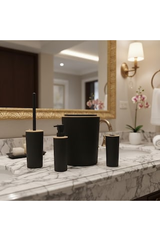 Şık Antrasit 4'lü Banyo Seti Çöp Kovası, Tuvalet Fırçası, Sıvı Sabunluk Ve Diş Fırçalık Modern Ve Da Çok Renkli