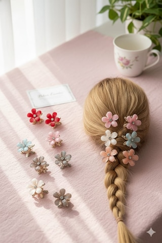 Çiçek Şeklinde Metal Toka, Metal Klipsli Renkli Çiçek Toka 4 Adet Mavi - Pembe