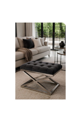 Familieconcept Melisa Serisi Pure Lüks Kapitone Döşemeli Puf - Metal Ayaklı Antre Ve Makyaj Pufu 50x40 Cm Gri
