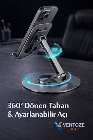 360 Dönebilir Alüminyum Masaüstü Telefon Tablet Standı Full Metal Katlanabilir Ergonomik Tutucu Koyu Metal