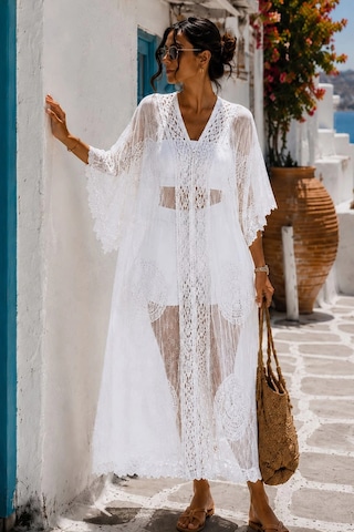 Asprinfashion Kadın İthal Dantel Pareo Kimono Plaj Elbisesi Beyaz Bohem Yazlık Kaftan