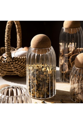 Morponi 3lü Top Mantar Kapaklı Çizgili Cam Kavanoz Ve Baharatlık Seti Şeffaf