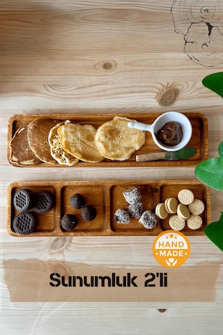 El Yapımı Çam Ağacı Ahşap Sunum Tepsisi 2'li Takım