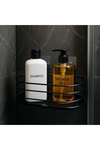 Krom Yapışkanlı Dikdörtgen Tek Katlı Banyo Ve Mutfak Rafı Duş Şampuanlık Duvar Düzenleyici Organizer Siyah
